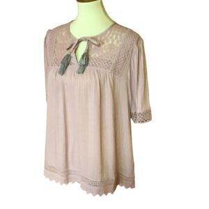 Knox Rose Dusty Pink Lace Yoke Tassel Peasant Top